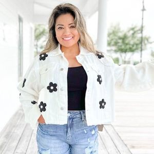 POL White Jacket with Black Floral Accents
